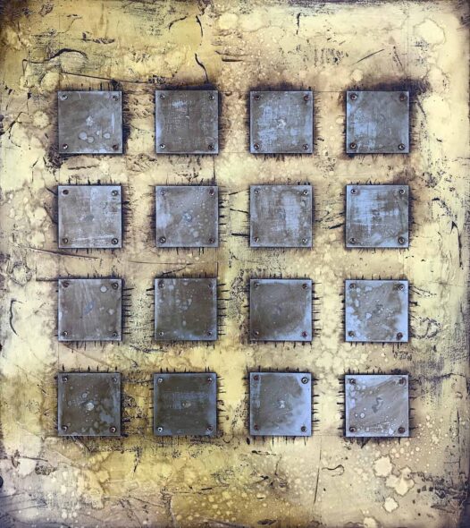 16 Square Cutoffs | 34" x 30" | steel, screws, paint, plaster, oil stick, and tar on plywood | 2018