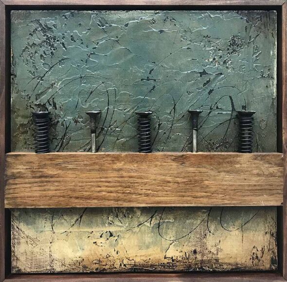 Five Valves with Three Springs | 17” x 17” | plaster, paint, roofing tar, wood, small engine valves and springs, and twine on plywood | 2018