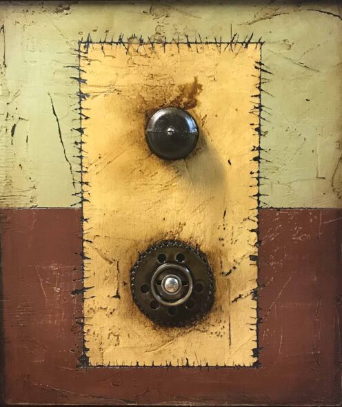 The Pipe Cap and the Sprocket | 21” x 18” | plaster, paint, roofing tar, sprocket, pipe cap, and assorted hardware on plywood | 2018