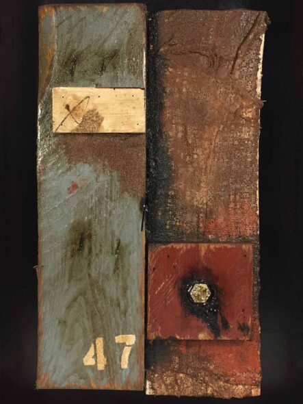Remnants: Assemblage No. 7 | wood, plaster wrap, nail, cement, hex bolt, rust, tar, stain, pencil, polyurethane, and paint | 16" x 12" x 2.5" | 2016