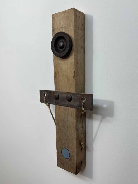 Remnants II: Assemblage No. 11 | Apx. 16”x6.5”x2.5” | Cutting knife, panhead bolts, bearing, screws, paint, epoxy, and twine on barn wood | 2018
