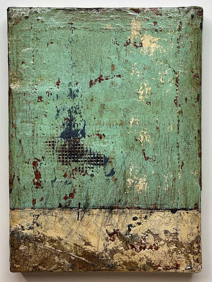 Distressed Surfaces No. 10 | plaster wrap, wire mesh, joint compound, latex paint, pencil, roofing tar, acrylic mediums, and polyurethane on cradled gypsum panel | 20.5” x 15” x 2” | 2024