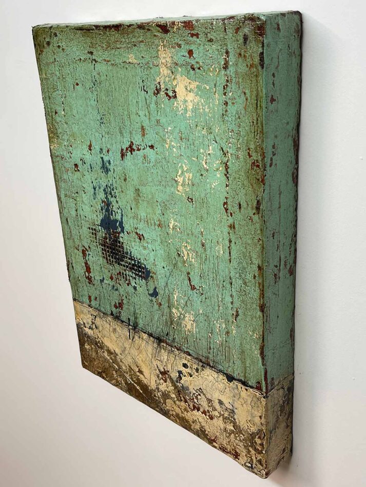 Distressed Surfaces No. 10 | plaster wrap, wire mesh, joint compound, latex paint, pencil, roofing tar, acrylic mediums, and polyurethane on cradled gypsum panel | 20.5” x 15” x 2” | 2024