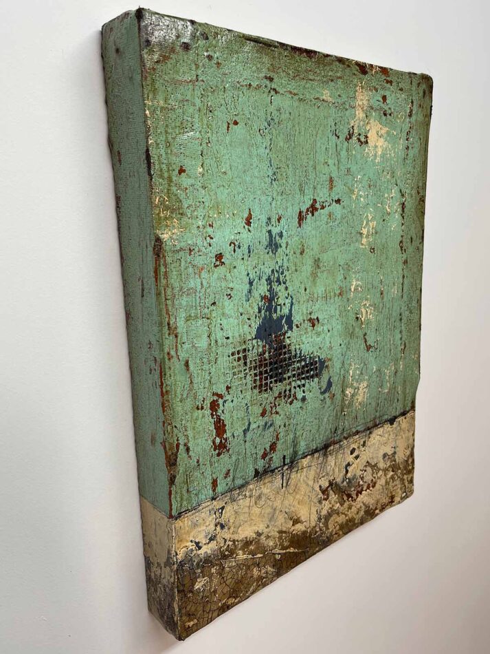 Distressed Surfaces No. 10 | plaster wrap, wire mesh, joint compound, latex paint, pencil, roofing tar, acrylic mediums, and polyurethane on cradled gypsum panel | 20.5” x 15” x 2” | 2024