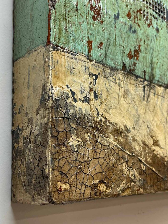 Surface detail of Distressed Surfaces No. 10 | plaster wrap, wire mesh, joint compound, latex paint, pencil, roofing tar, acrylic mediums, and polyurethane on cradled gypsum panel | 20.5” x 15” x 2” | 2024