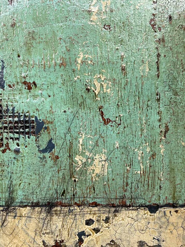 Surface detail of Distressed Surfaces No. 10 | plaster wrap, wire mesh, joint compound, latex paint, pencil, roofing tar, acrylic mediums, and polyurethane on cradled gypsum panel | 20.5” x 15” x 2” | 2024