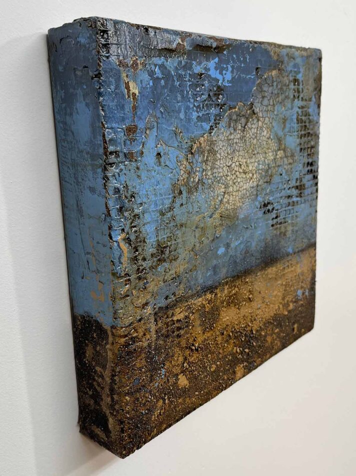 Distressed Surfaces No. 5 | cement, plaster, wire mesh, acrylic mediums, sand, latex paint, pencil, roofing tar, and polyurethane on cradled panel | 10.5” x 10.5” x 2” | 2024