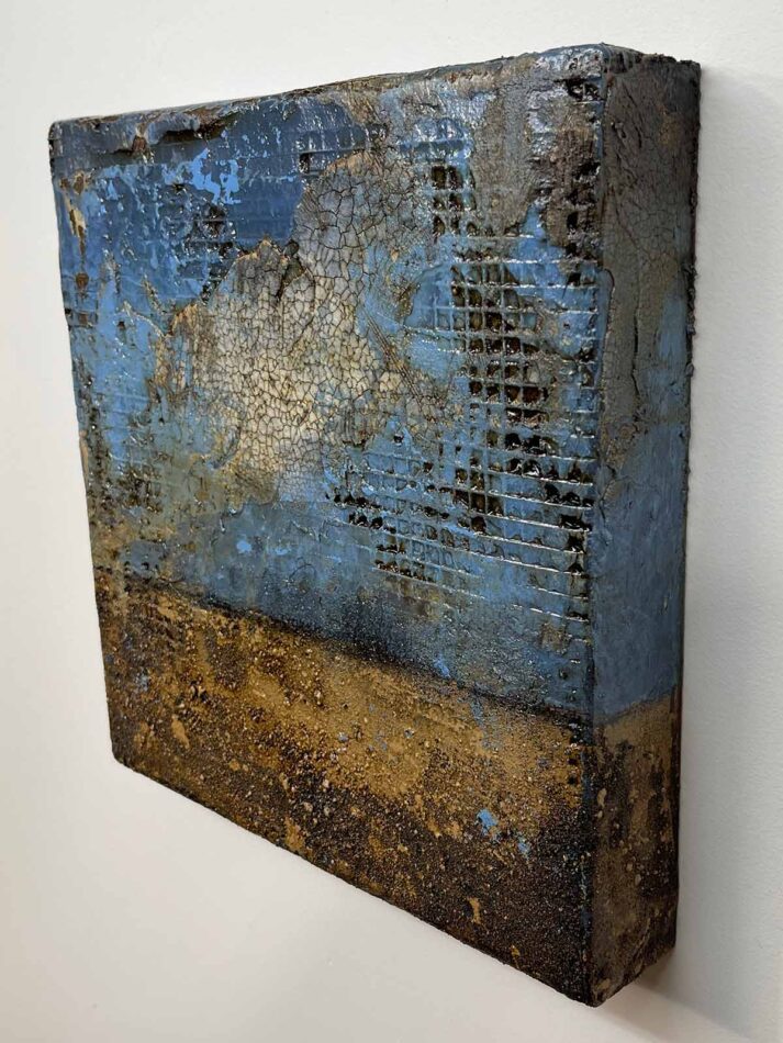 Distressed Surfaces No. 5 | cement, plaster, wire mesh, acrylic mediums, sand, latex paint, pencil, roofing tar, and polyurethane on cradled panel | 10.5” x 10.5” x 2” | 2024