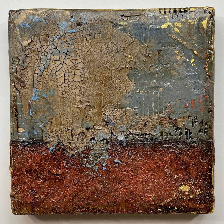 Distressed Surfaces No. 6 | cement, plaster, wire mesh, acrylic mediums, sand, latex paint, pencil, roofing tar, and polyurethane on cradled panel | 10.5” x 10.5” x 2” | 2024