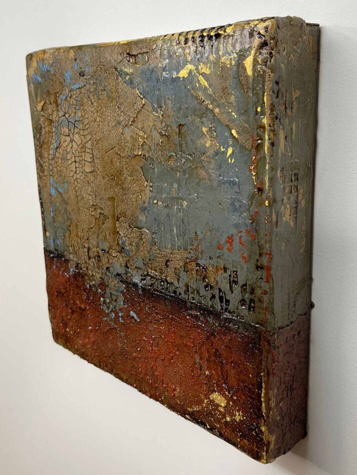 Distressed Surfaces No. 6 | cement, plaster, wire mesh, acrylic mediums, sand, latex paint, pencil, roofing tar, and polyurethane on cradled panel | 10.5” x 10.5” x 2” | 2024