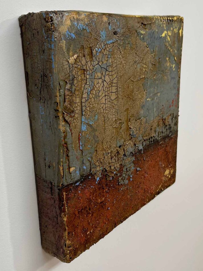 Distressed Surfaces No. 6 | cement, plaster, wire mesh, acrylic mediums, sand, latex paint, pencil, roofing tar, and polyurethane on cradled panel | 10.5” x 10.5” x 2” | 2024