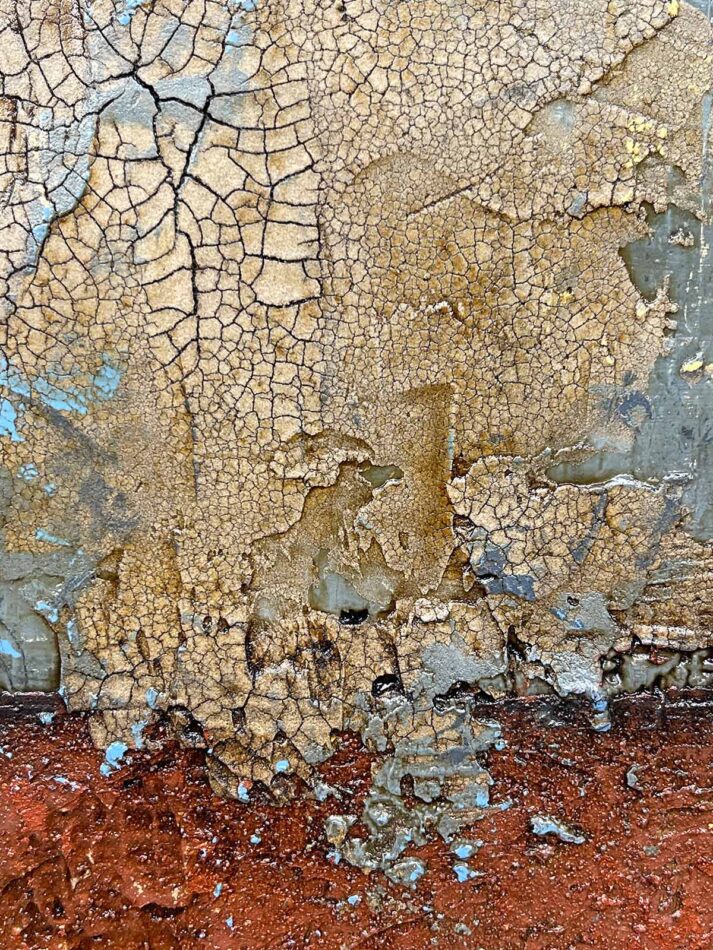 Surface detail of Distressed Surfaces No. 6 | cement, plaster, wire mesh, acrylic mediums, sand, latex paint, pencil, roofing tar, and polyurethane on cradled panel | 10.5” x 10.5” x 2” | 2024