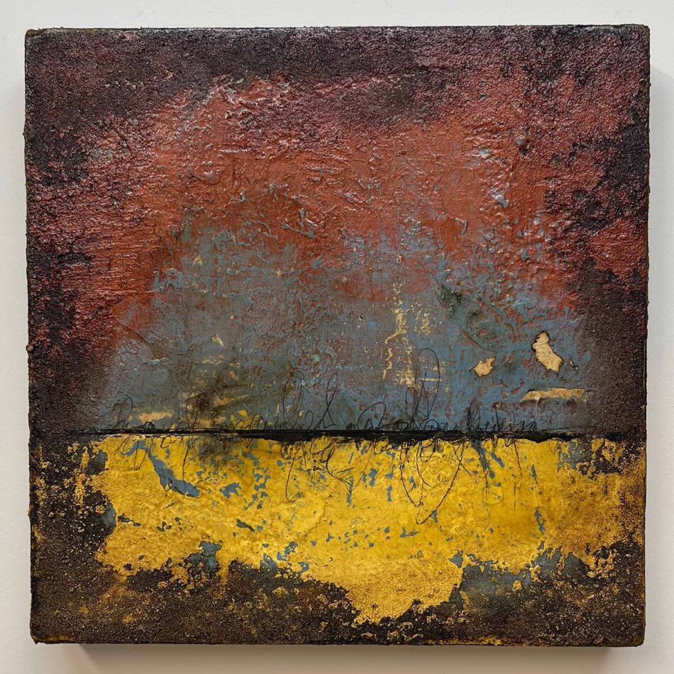 Distressed Surfaces No. 7 | plaster, acrylic mediums, sand, latex paint, pencil, roofing tar, and polyurethane on cradled gypsum board | 14.5” × 14.5” x 2” | 2024