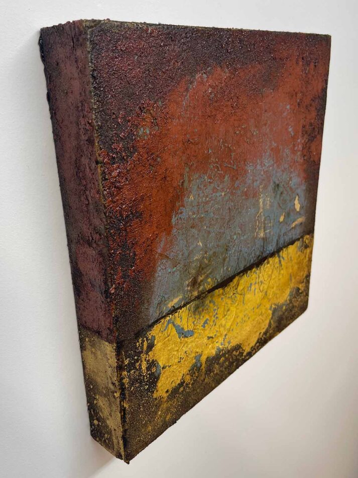 Distressed Surfaces No. 7 | plaster, acrylic mediums, sand, latex paint, pencil, roofing tar, and polyurethane on cradled gypsum board | 14.5” × 14.5” x 2” | 2024