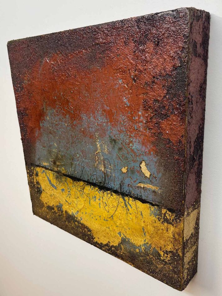 Distressed Surfaces No. 7 | plaster, acrylic mediums, sand, latex paint, pencil, roofing tar, and polyurethane on cradled gypsum board | 14.5” × 14.5” x 2” | 2024