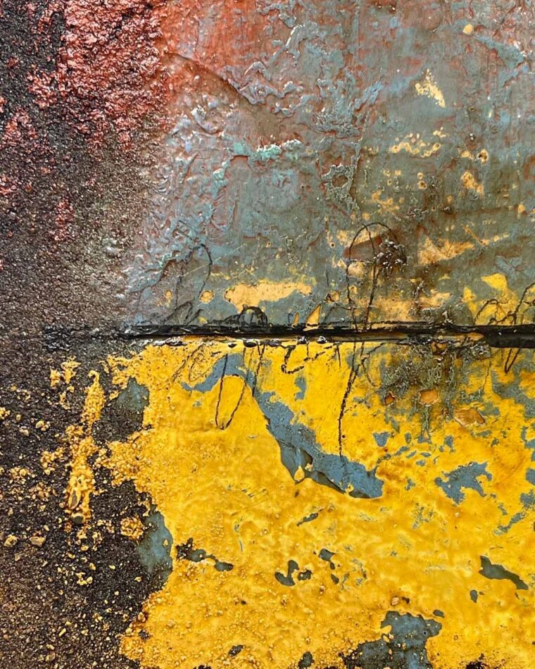 Surface detail of Distressed Surfaces No. 7 | plaster, acrylic mediums, sand, latex paint, pencil, roofing tar, and polyurethane on cradled gypsum board | 14.5” × 14.5” x 2” | 2024