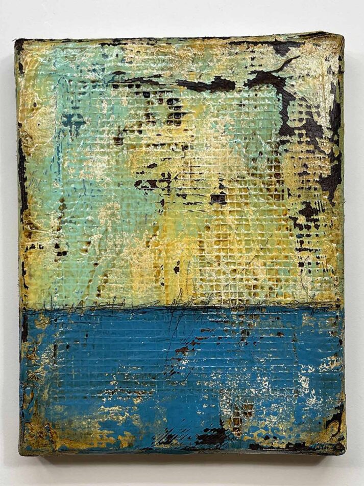 Distressed Surfaces No. 8 | plaster wrap, wire mesh, joint compound, acrylic mediums, latex paint, pencil, roofing tar, and polyurethane on cradled panel | 14” x 11” x 1.75” | 2024