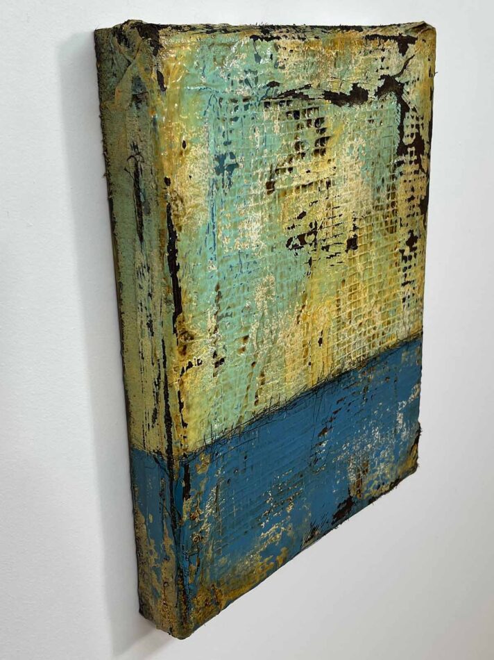 Distressed Surfaces No. 8 | plaster wrap, wire mesh, joint compound, acrylic mediums, latex paint, pencil, roofing tar, and polyurethane on cradled panel | 14” x 11” x 1.75” | 2024