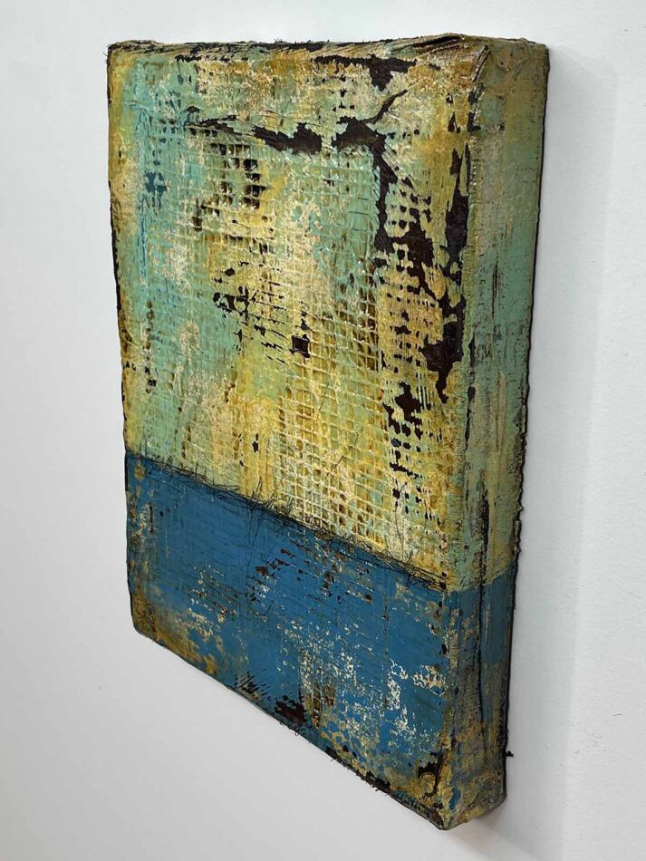 Distressed Surfaces No. 8 | plaster wrap, wire mesh, joint compound, acrylic mediums, latex paint, pencil, roofing tar, and polyurethane on cradled panel | 14” x 11” x 1.75” | 2024