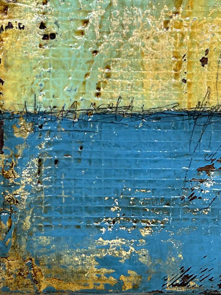 Surface detail of Distressed Surfaces No. 8 | plaster wrap, wire mesh, joint compound, acrylic mediums, latex paint, pencil, roofing tar, and polyurethane on cradled panel | 14” x 11” x 1.75” | 2024