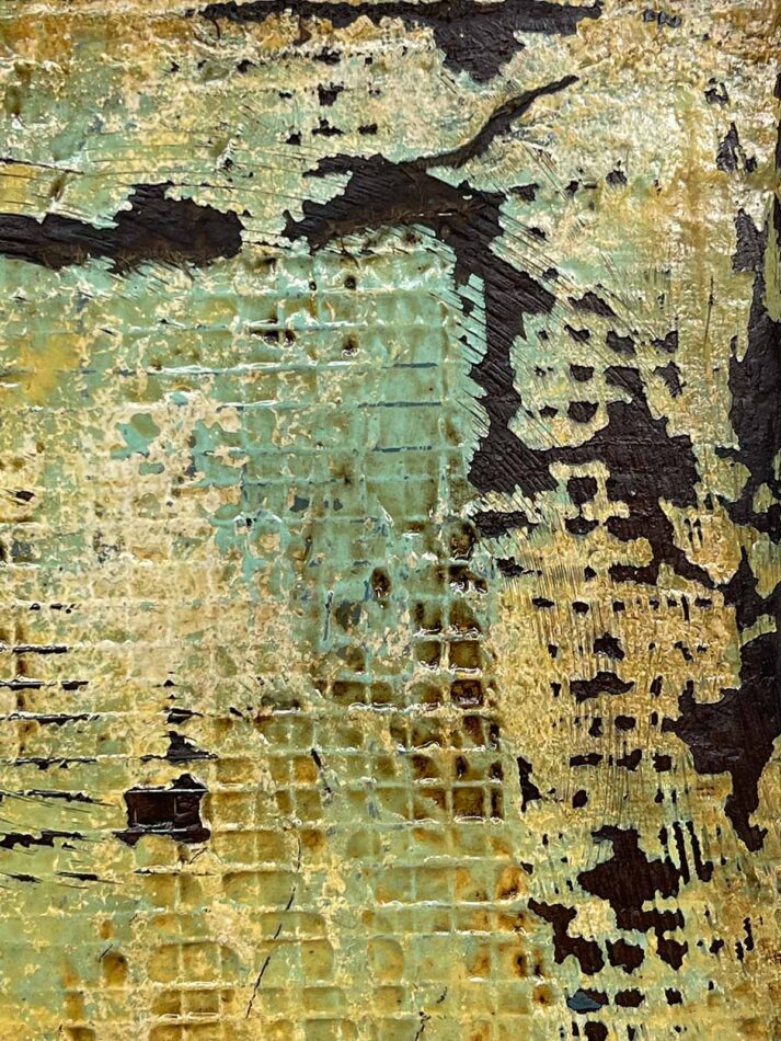 Surface detail of Distressed Surfaces No. 8 | plaster wrap, wire mesh, joint compound, acrylic mediums, latex paint, pencil, roofing tar, and polyurethane on cradled panel | 14” x 11” x 1.75” | 2024