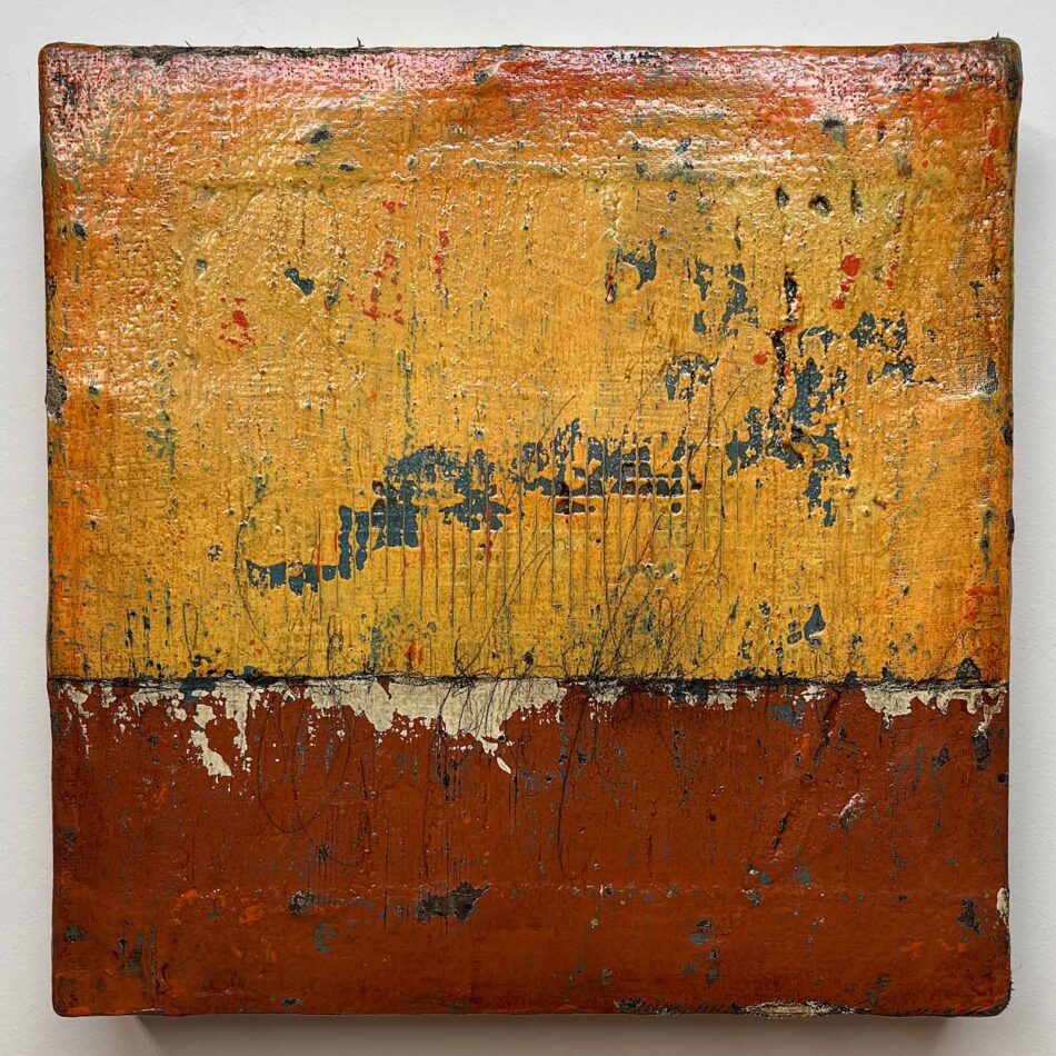 Distressed Surfaces No. 9 | plaster wrap, wire mesh, joint compound, latex paint, pencil, roofing tar, and polyurethane on gypsum panel | 14.5” x 14.5” x 2” | 2024