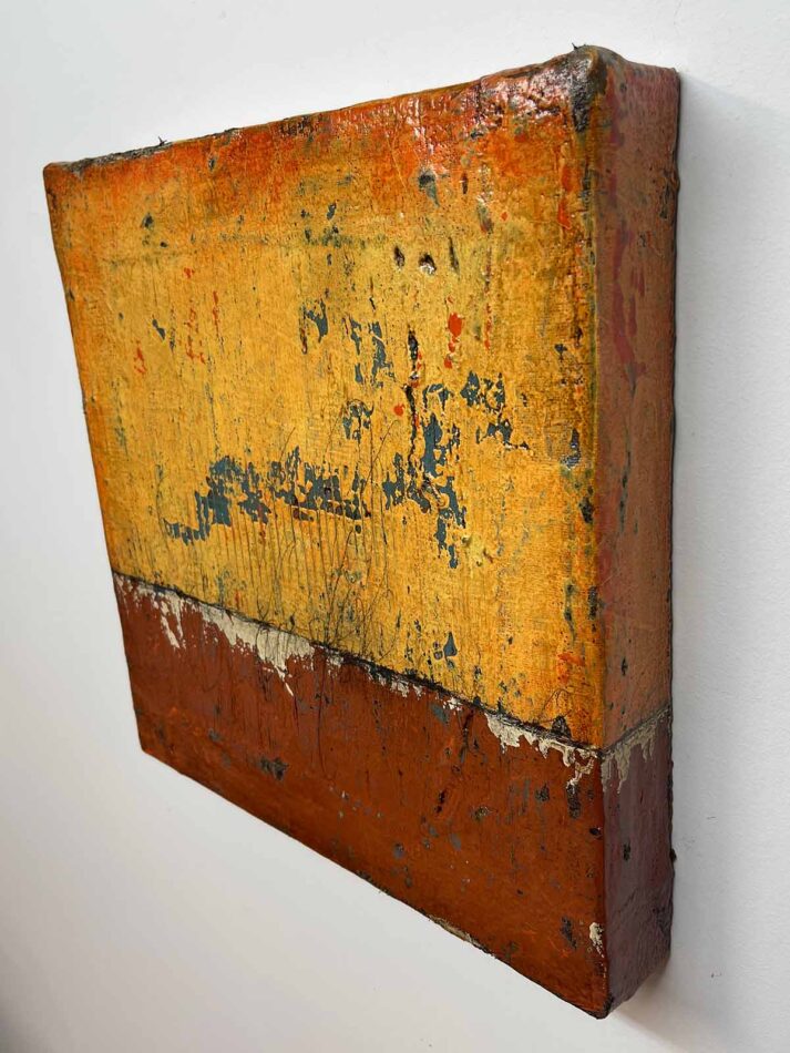 Distressed Surfaces No. 9 | plaster wrap, wire mesh, joint compound, latex paint, pencil, roofing tar, and polyurethane on gypsum panel | 14.5” x 14.5” x 2” | 2024