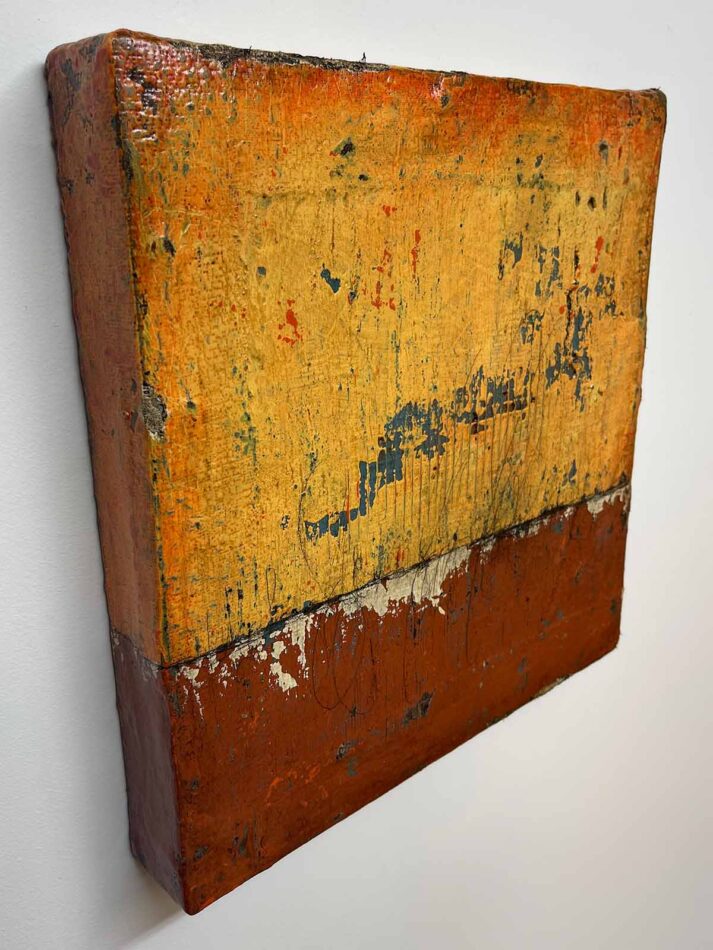 Distressed Surfaces No. 9 | plaster wrap, wire mesh, joint compound, latex paint, pencil, roofing tar, and polyurethane on gypsum panel | 14.5” x 14.5” x 2” | 2024